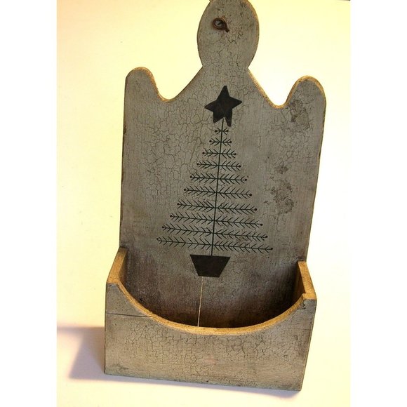 Primitive Hanging Wood Box Feather Tree Design - Picture 1 of 8